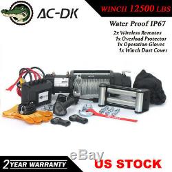 AC-DK 12V Black IP67 Electric Winch 12500 lb With Steel Rope and Winch Cover