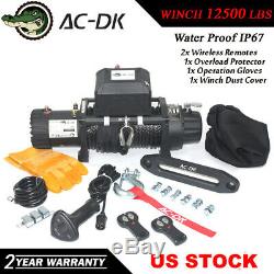 AC-DK 12V Black IP67 Electric Winch 12500 lbs Synthetic Rope and Winch Cover