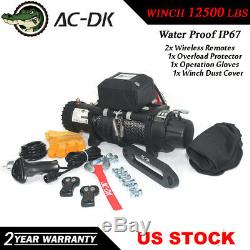 AC-DK 12V Black IP67 Electric Winch 12500 lbs Synthetic Rope and Winch Cover