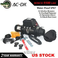 AC-DK 12V Black IP67 Electric Winch 9500 lb With Synthetic Rope and Winch Cover