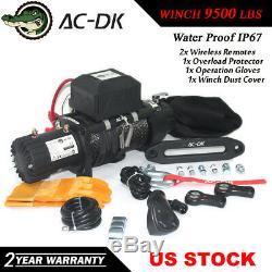 AC-DK 12V Black IP67 Electric Winch 9500 lb With Synthetic Rope and Winch Cover