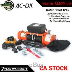 AC-DK 12V Orange Electric Winch 12500 lbs Waterproof IP67 With Synthetic Rope