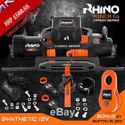 Rhino Electric Recovery Winch 12v 13500lb Carbon 4x4 Synthetic + Mounting Plate