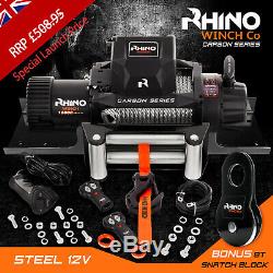 Rhino Winch Electric Recovery, 12v 13500lb Carbon 4x4 Steel + Mounting Plate