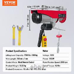 VEVOR Electric Hoist 1760lbs Crane Winch with Wired Remote Control 1450W 110V