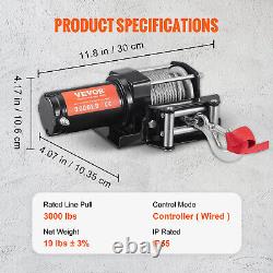 Treuil électrique VEVOR 12V 3000lb Treuil pour véhicules IP 55 Câble en acier Télécommande portative