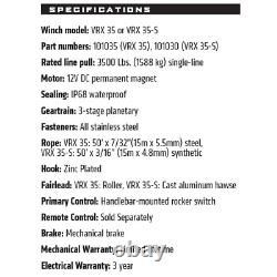 Warn Industries 101035 Vrx 35 Powersport Winch 50' De 7/32 Steel Rope 3 500 Lbs